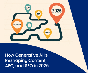 A map-style graphic showing milestones labeled Content, AEO, SEO, Trust, all converging toward a 2026 marker.