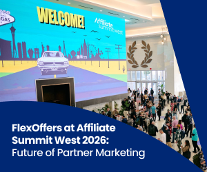 Crowded Affiliate Summit West conference floor with a large digital welcome screen in the background, overlaid with text reading ‘FlexOffers at Affiliate Summit West 2026: Future of Partner Marketing.’
